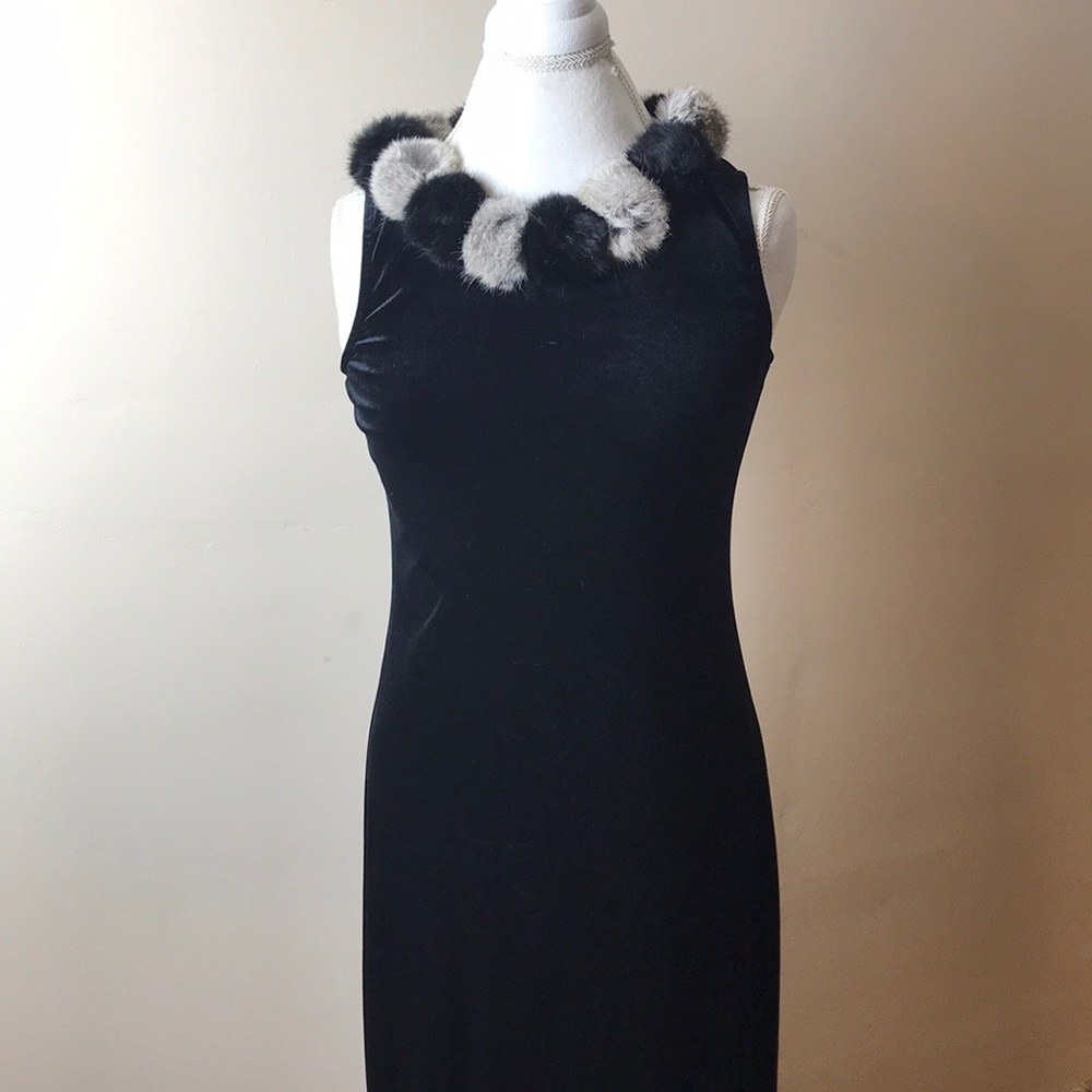 Holiday dress black velvet faux fur statement neck